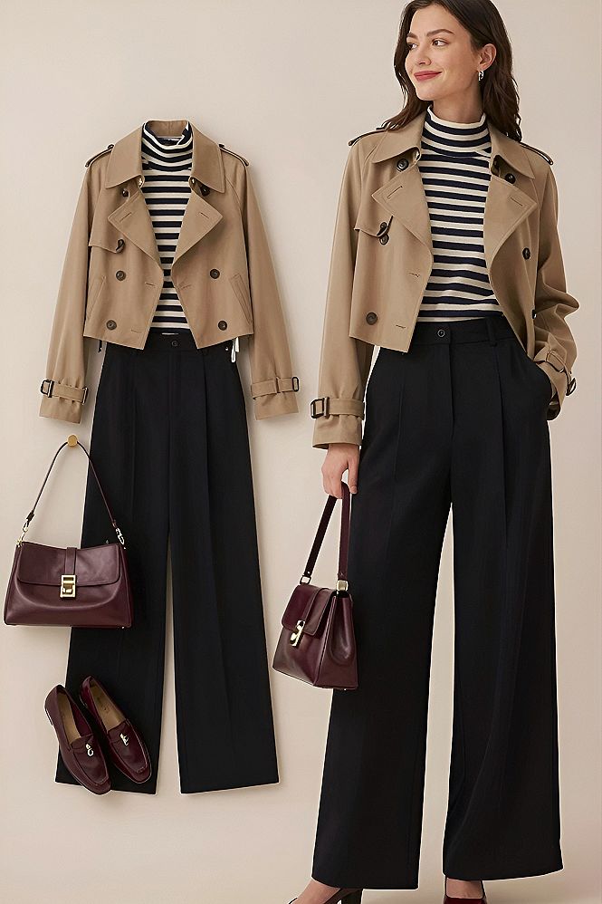Pairing a Cropped Trench Coat With Striped Knitwear