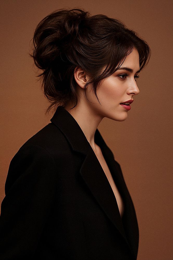 Sophisticated High Bun: Elegant Formal Hairstyle with Softly Curled Front Pieces