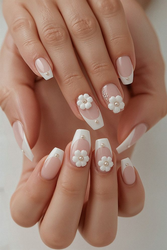 Elegant Pink 3D Flower & Pearl Nail Art Designs