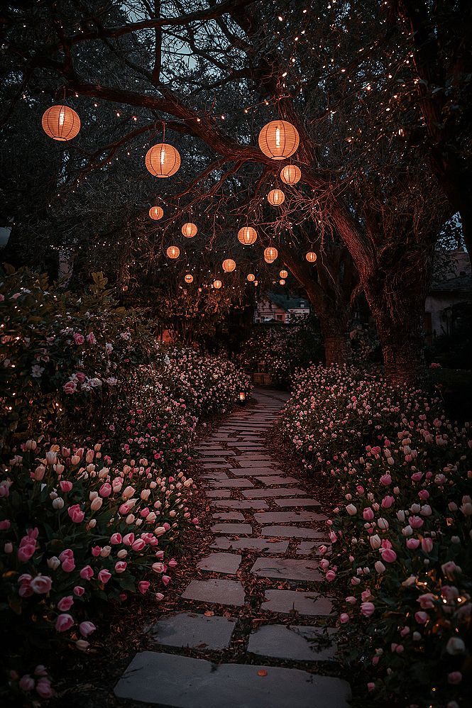 Magical Evening Garden Path: Serene Backyard Retreats with Fairy Lights