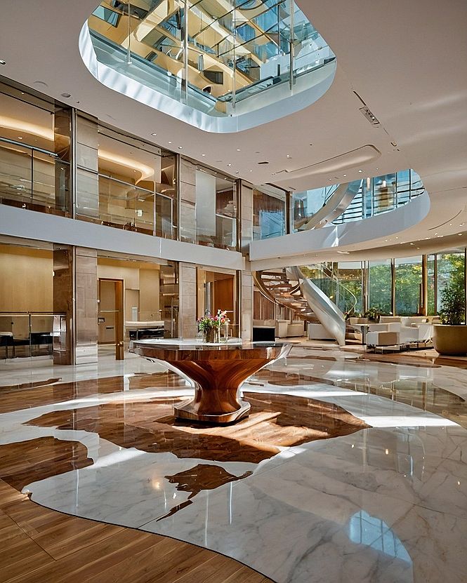 Grand Foyer with Sculptural Table and Marble Inlay