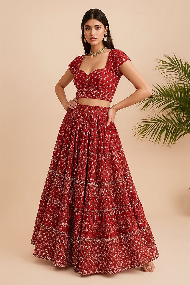 Festive Flair: Red Bandhani Lehenga with Mirror Embroidery