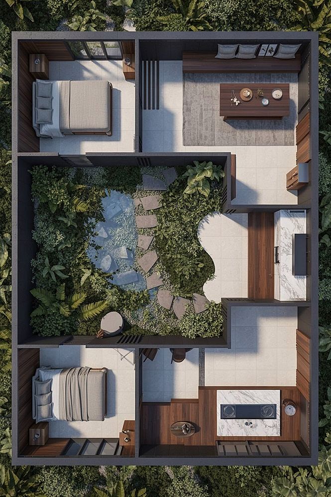 Lush Interior Courtyard: Modern Villa Floor Plans for Serene Living