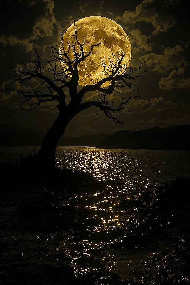 Mystical Night Sky: Golden Moon Scenery & Dark Sky Aesthetic