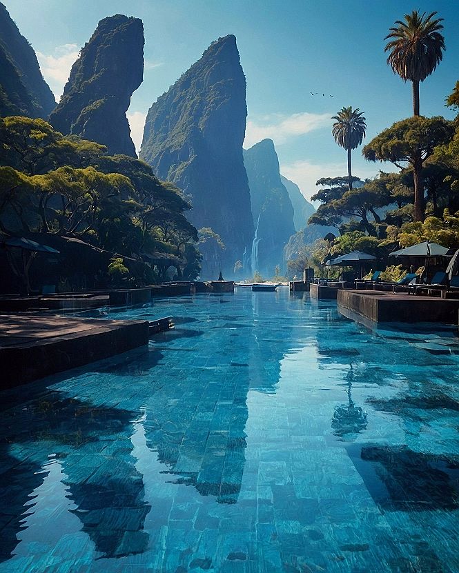 Towering limestone peaks rising behind a serene infinity pool