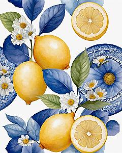 Cobalt citrus watercolor motifs with painted porcelain plates