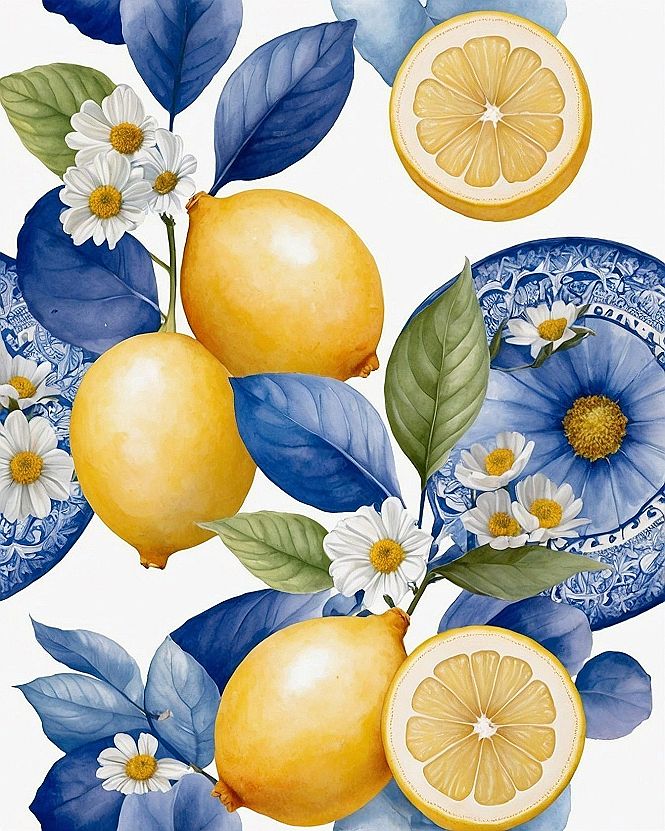 Cobalt citrus watercolor motifs with painted porcelain plates