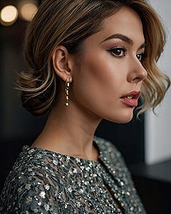 Chic Side Profile of Wavy Short Hair with Gold Drop Earrings