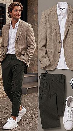 Styling a Textured Tweed Blazer With Olive Chinos