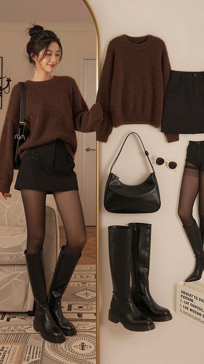 Pairing a Cozy Knit Sweater with a Dark Mini Skirt
