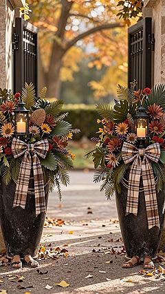Styling Fall Entryway Urns With Lanterns And Plaid Bows