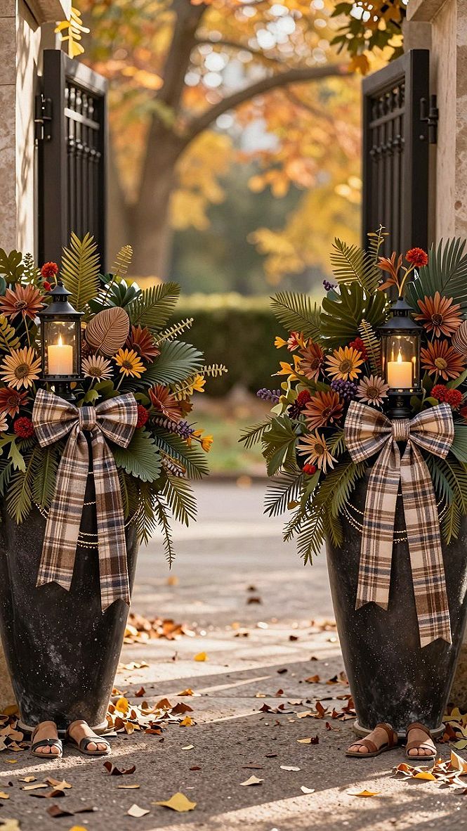 Styling Fall Entryway Urns With Lanterns And Plaid Bows