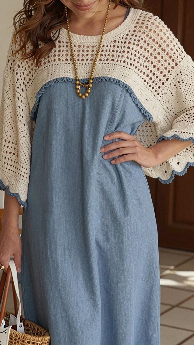 Layering a Crocheted Sweater Over Your Long Denim Pinafore