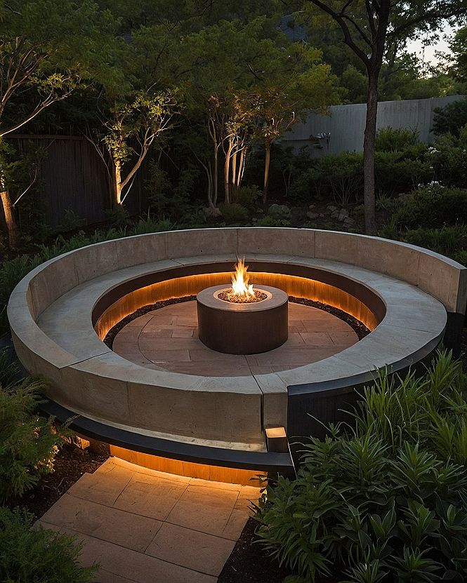 Curved concrete seating with embedded amber lighting