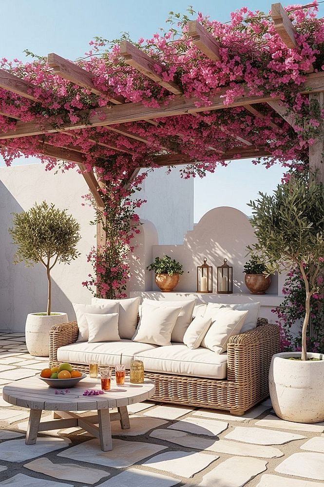 Mediterranean Pergola Bliss: Romantic Bougainvillea & Outdoor Kitchen Dreams
