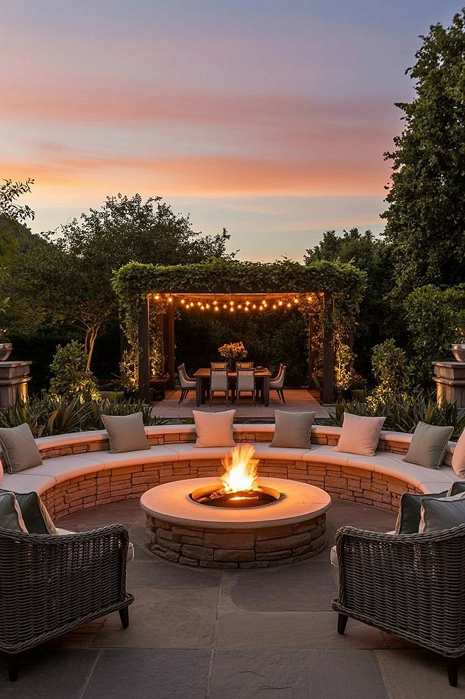 Dream Backyard Oasis: Outdoor Room Design with Fire Pit & Stone Seating