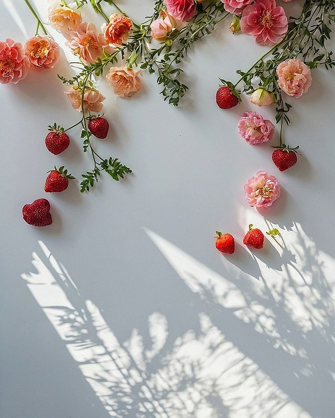 Sun-drenched porcelain surface scattered with blush roses and ruby berries