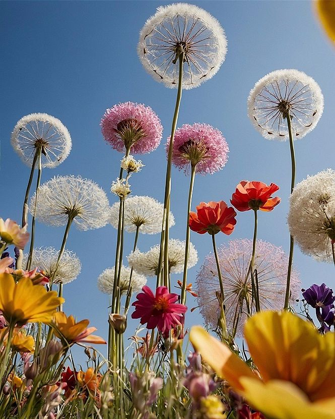 Low-angle dandelion seed heads against a crisp cerulean sky