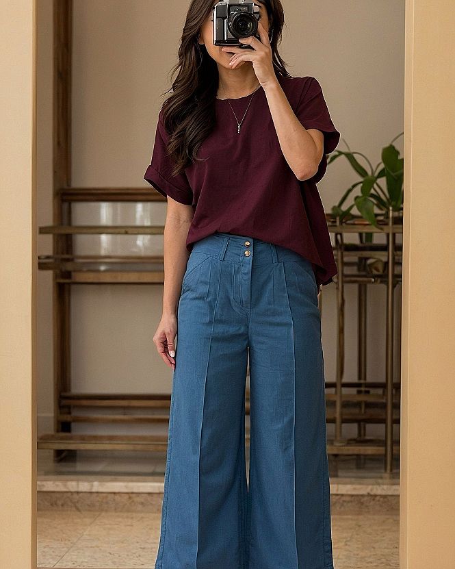 Dual metal buttons anchoring high-waisted denim and burgundy linen
