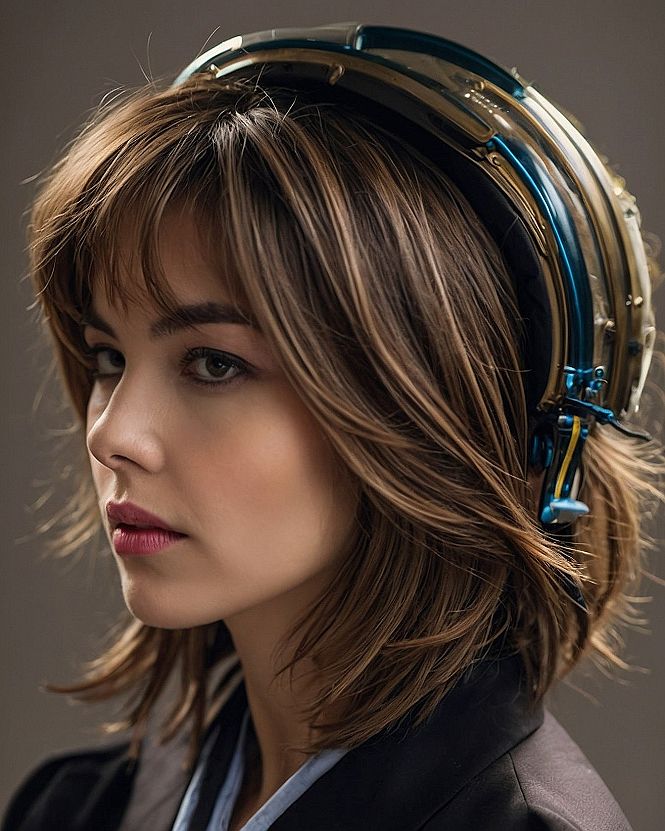 Metallic Blue And Gold Headgear Resting On Brown Layered Bob Haircut