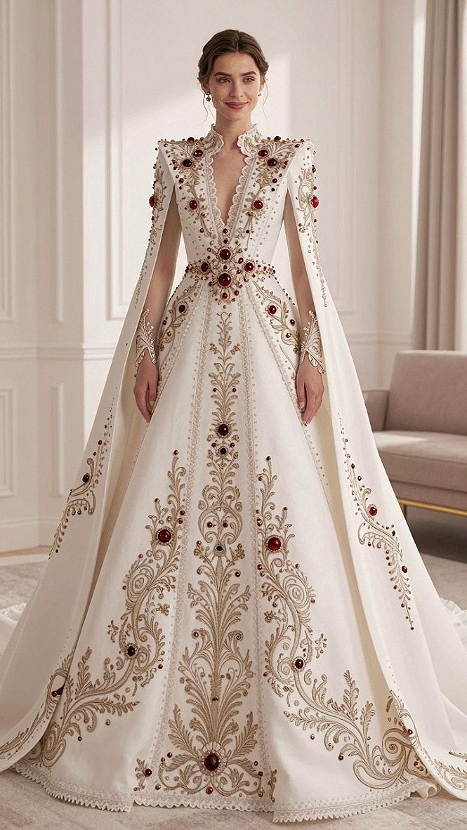 Selecting a Regal High Neck Gown with Ruby Accents