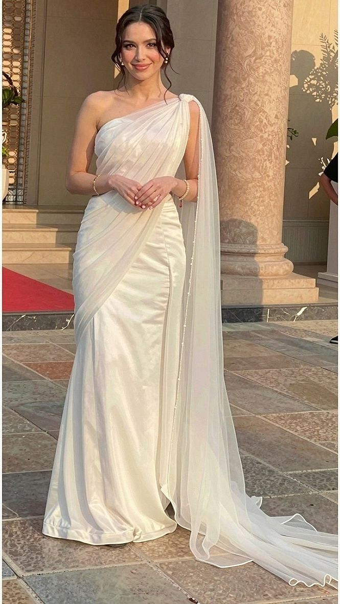 Selecting a Draped One-Shoulder Bridal Gown with a Capelet