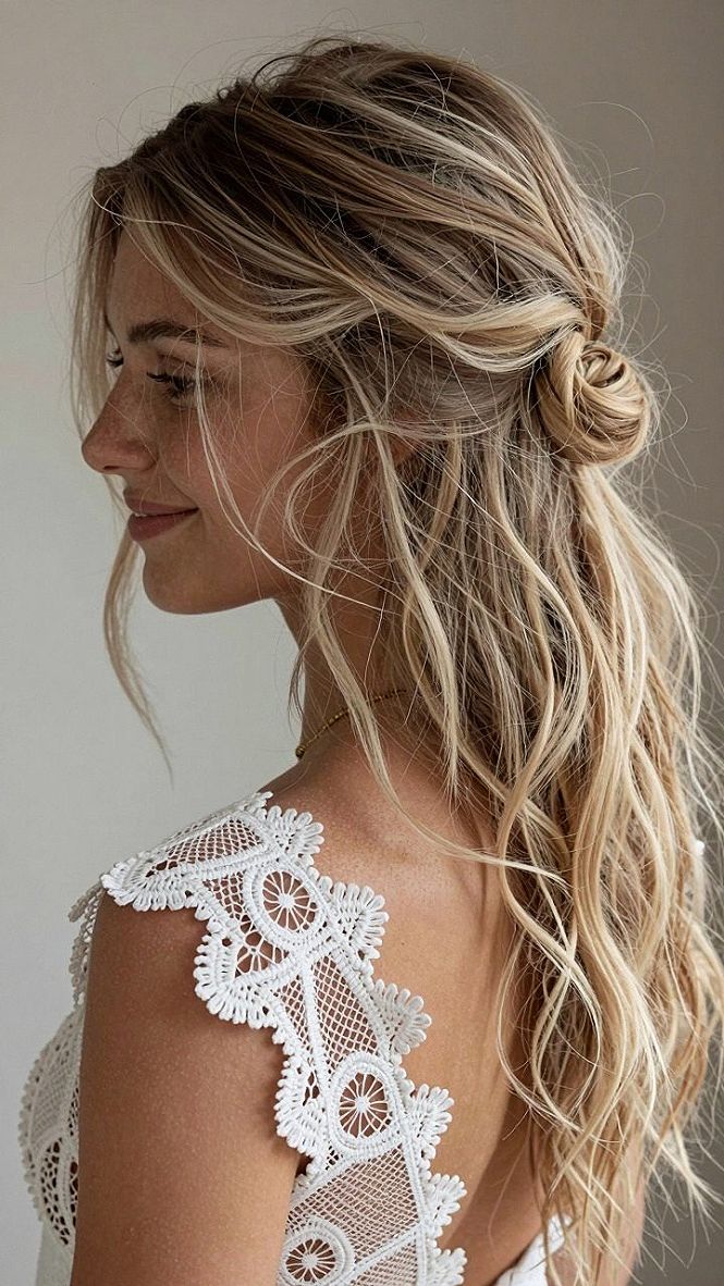 Choosing a Messy Top Knot Half Up Style for Outdoor Vows