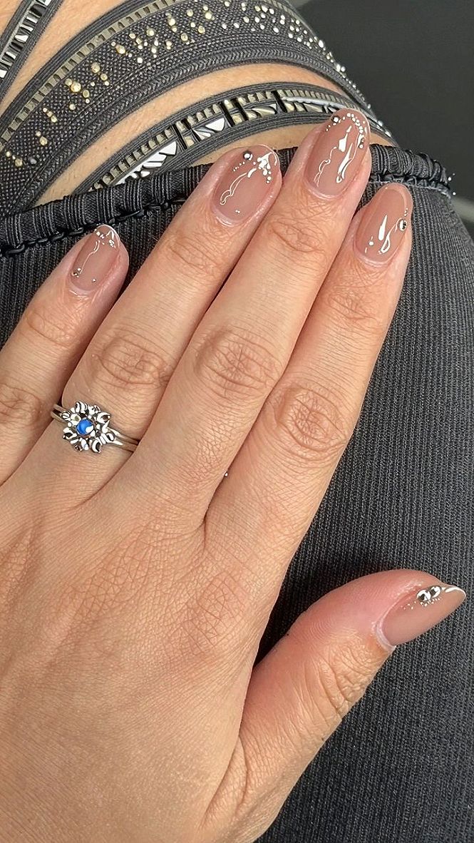 Minimalist Silver Accent Caramel Nude Nails