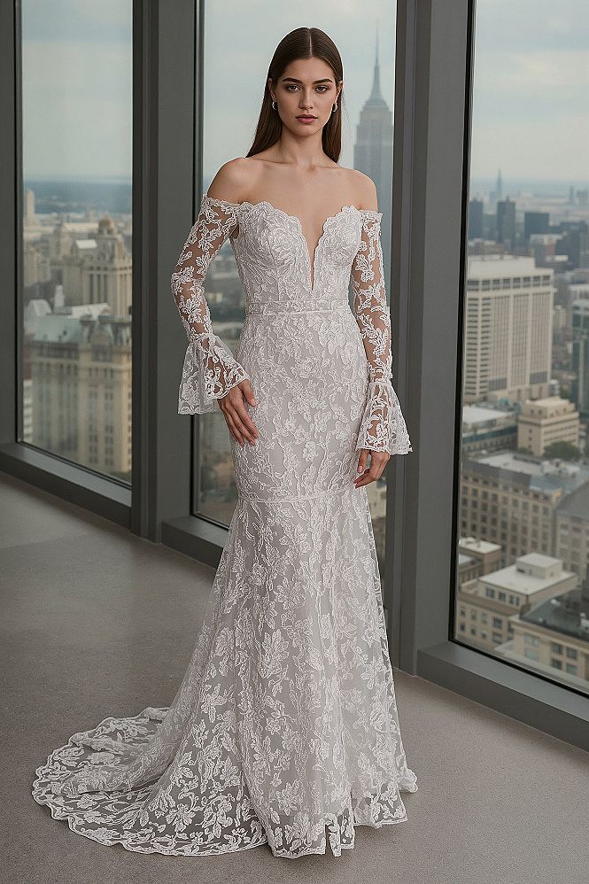 Elegant Long Sleeve Off-Shoulder Lace Wedding Dress