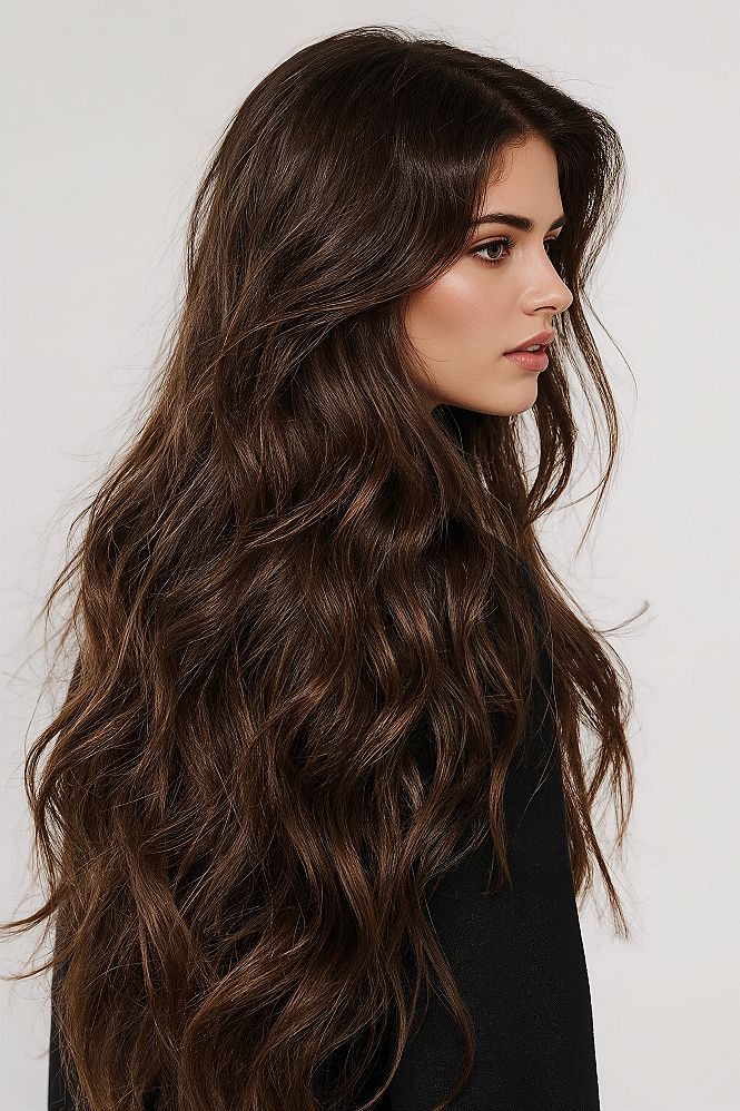 Effortless Blowout Haircut: Long Hair with Wispy Curtain Bangs & Chocolate Layers