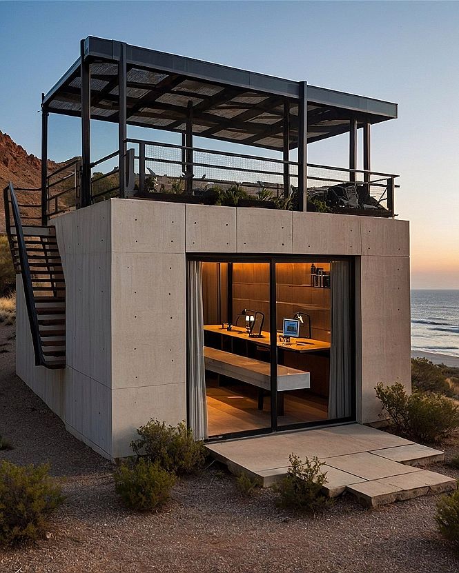 Modern concrete cube with rooftop deck overlooks ocean