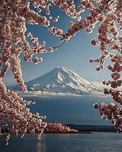 Snow-capped mountain framed by blooming cherry blossoms and azure sky