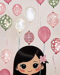 Floating pastel rose, dusty sage, and pearl balloons above an illustrated doll