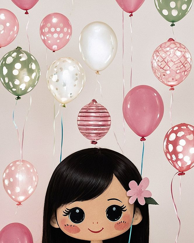 Floating pastel rose, dusty sage, and pearl balloons above an illustrated doll