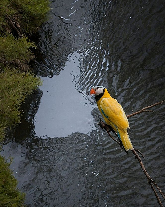 Vibrant yellow parrot perched above dark charcoal water currents