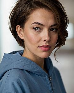 Close-Up of Short Brown Haircut and Blue Hoodie Jacket