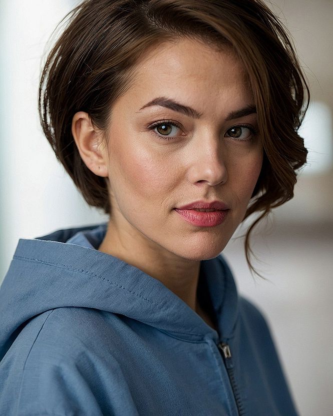Close-Up of Short Brown Haircut and Blue Hoodie Jacket