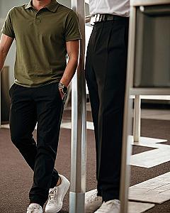 Styling an Olive Polo Shirt with Dark Trousers and Sneakers