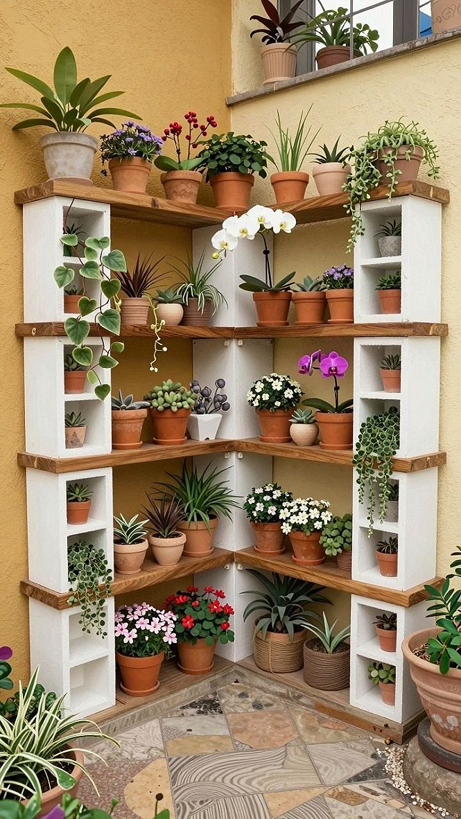 Creating a Corner Cinder Block Plant Shelf Outdoors