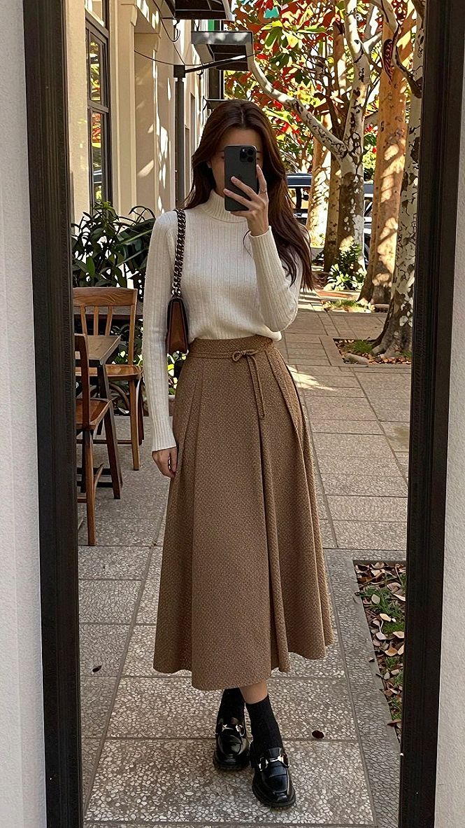 Pairing a Pleated Wool Midi Skirt with Knitwear