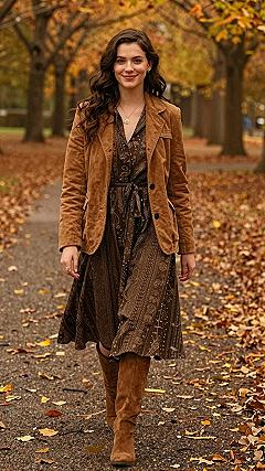 Styling Printed Midi Dresses with Layered Outerwear and Boots