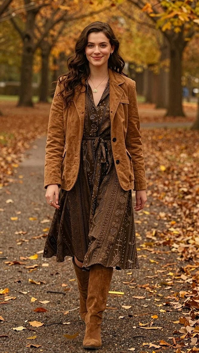 Styling Printed Midi Dresses with Layered Outerwear and Boots