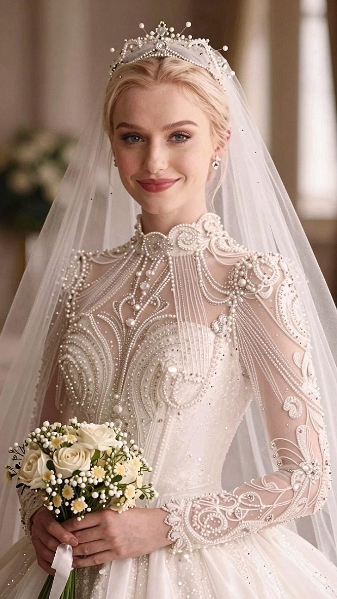 Maintaining a Pearl Beaded High Collar Gown on the Wedding Day