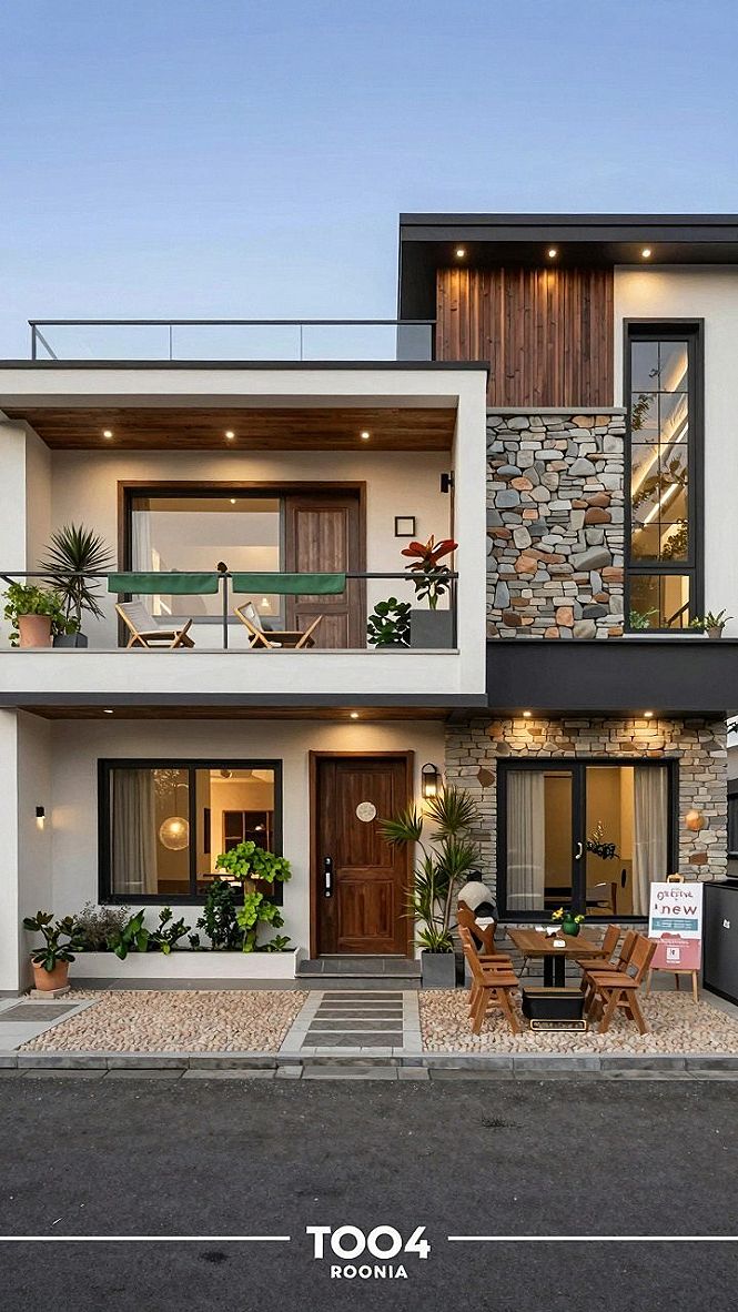 Natural Stone Accents and Wood Panels for Compact Modern Facades