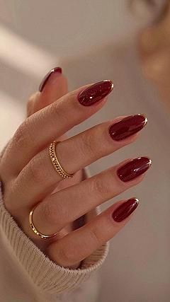 Applying Metallic Gold Edge Details on Burgundy Nails