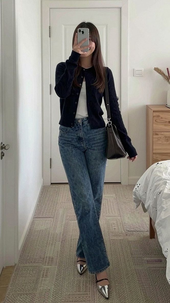 Styling a Button Down Cardigan with Slender Denim