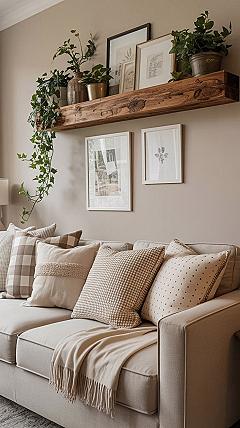 Warm Neutral Living Room: Floating Shelves & Farmhouse Inspo