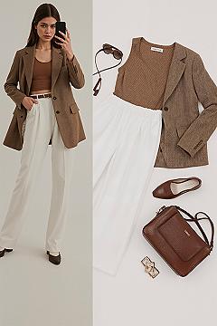 Elegant Work Outfits: Brown Blazer & White Pants Power Combination