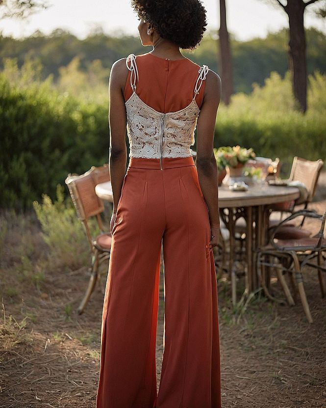 Juxtaposing Tailored Wide-Legs with Intricate Lace