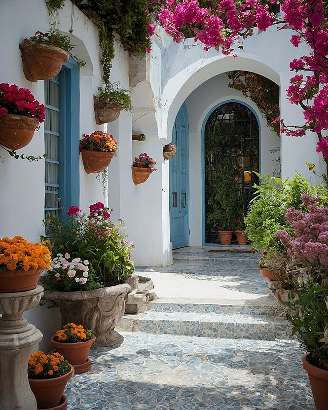 A striking contrast between rigid architectural arches and wild sprawling flora